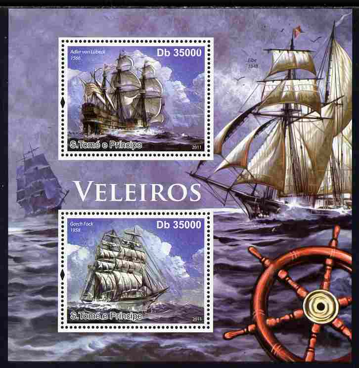 St Thomas & Prince Islands 2011 Sailing Ships perf sheetlet containing 2 values unmounted mint , stamps on ships