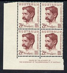 Australia 1949 Henry Lawson (poet) Commemoration imprint corner block of 4 unmounted mint, SG231, stamps on 