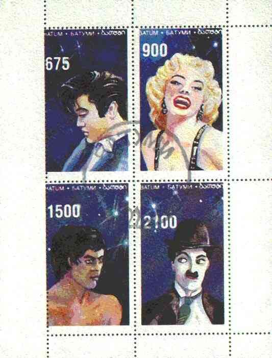 Batum 1995 Film Stars (Elvis, Marilyn Monroe, C Chaplin & Bruce Lee) perf set of 4 cto used, stamps on music     personalities        elvis  entertainments     films    cinema, stamps on marilyn monroe, stamps on comedy, stamps on chaplin
