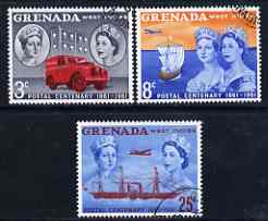 Grenada 1961 Stamp Centenary perf set of 3 very fine used, SG 208-10, stamps on stamp centenary, stamps on columbus, stamps on stamp on stamp, stamps on transport, stamps on explorers, stamps on trucks, stamps on land rover, stamps on ships, stamps on aviation, stamps on douglas, stamps on dc, stamps on paddle steamers, stamps on , stamps on stamponstamp
