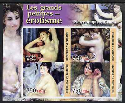 Burundi 2004 Nude paintings - Pierre-Auguste Renoir imperf sheetlet containing set of 4 values unmounted mint, stamps on arts, stamps on nudes, stamps on renoir