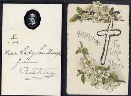 Great Britain Undated Easter card from PRINCESS BEATRICE (from the Lady Southampton estate) plus enclosed small sheet of black-edged note-paper with HB monogram inscribed 'For Dear Lady Southampton from Beatrice'. (Lady Ismay Southampton was Lady-in-Waiting to Queen Victoria from 1878 until her death in 1901 and close friend to the Princess), stamps on royalty, stamps on easter