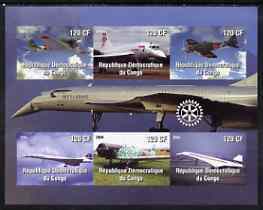 Congo 2004 Aircraft (incl BA Concorde) imperf sheetlet containing 6 values, with Rotary Logo unmounted mint, stamps on aviation, stamps on concorde, stamps on rotary