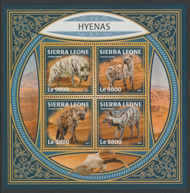 Sierra Leone 2017 Hyenas perf sheetlet containing 4 values unmounted mint, stamps on animals, stamps on hyenas