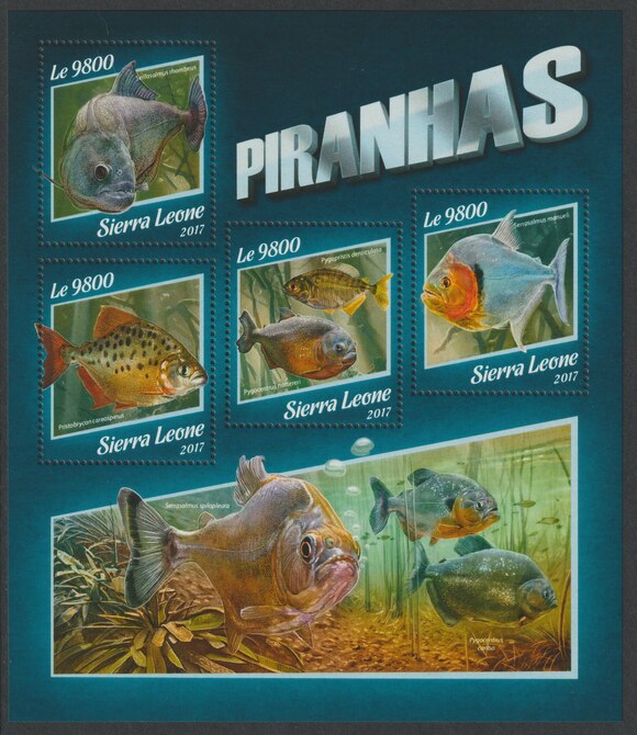 Sierra Leone 2017 Piranhas perf sheetlet containing 4 values unmounted mint, stamps on fish, stamps on piranhas