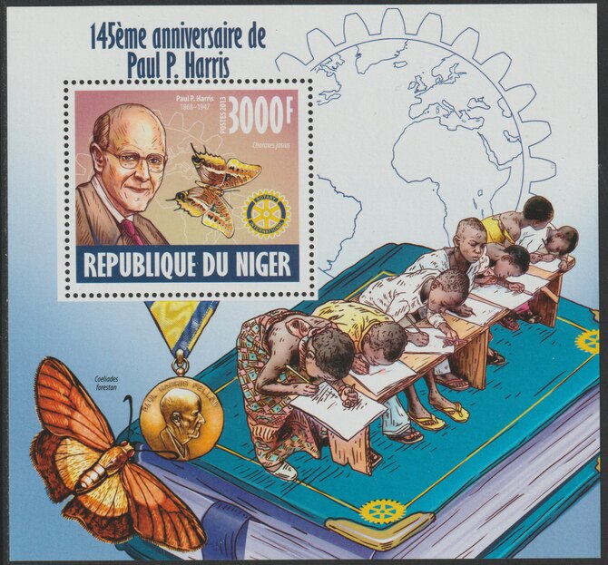 Niger Republic 2013 Paul Harris (Rotary) 145th Birth Anniv perf souvenir sheet containing one value unmounted mint, stamps on personalities, stamps on harris, stamps on rotary, stamps on butterflies