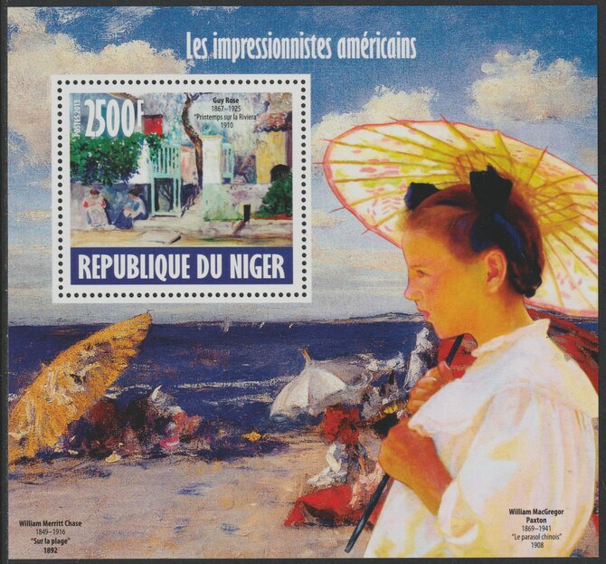Niger Republic 2013 American Impressionist Painters perf souvenir sheet containing one value unmounted mint, stamps on arts, stamps on americana, stamps on umbrellas