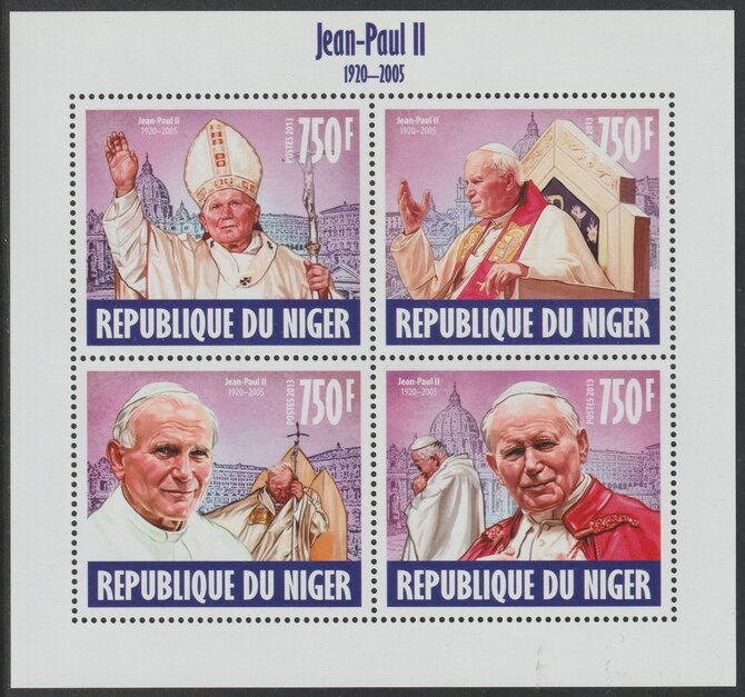 Niger Republic 2013 Pope John Paul II perf sheet containing 4 values unmounted mint, stamps on personalities, stamps on popes, stamps on religion