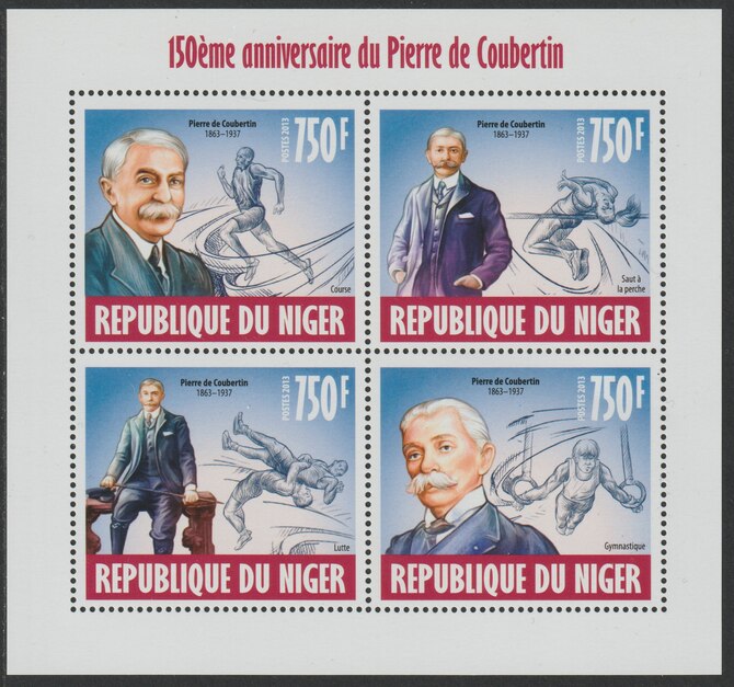 Niger Republic 2013 Pierre de Coubertin (Olympics) perf sheet containing 4 values unmounted mint, stamps on personalities, stamps on coubertin, stamps on olympics