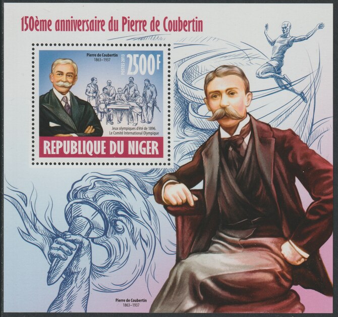 Niger Republic 2013 Pierre de Coubertin (Olympics) perf souvenir sheet containing one value unmounted mint, stamps on personalities, stamps on coubertin, stamps on olympics