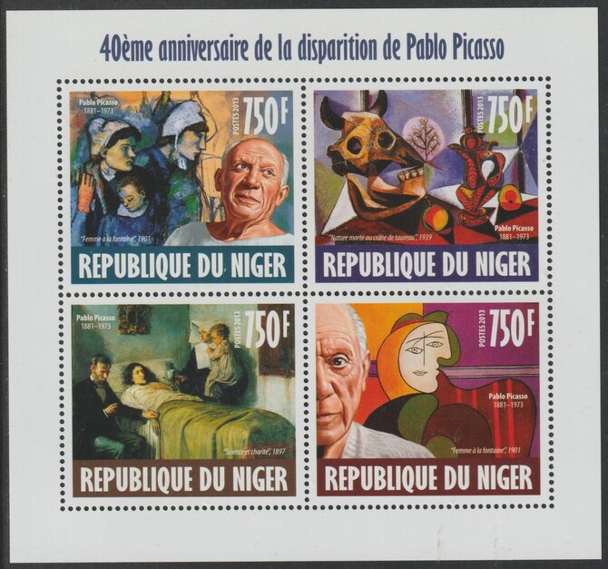 Niger Republic 2013 Pablo Picasso perf sheet containing 4 values unmounted mint, stamps on personalities, stamps on picasso, stamps on arts