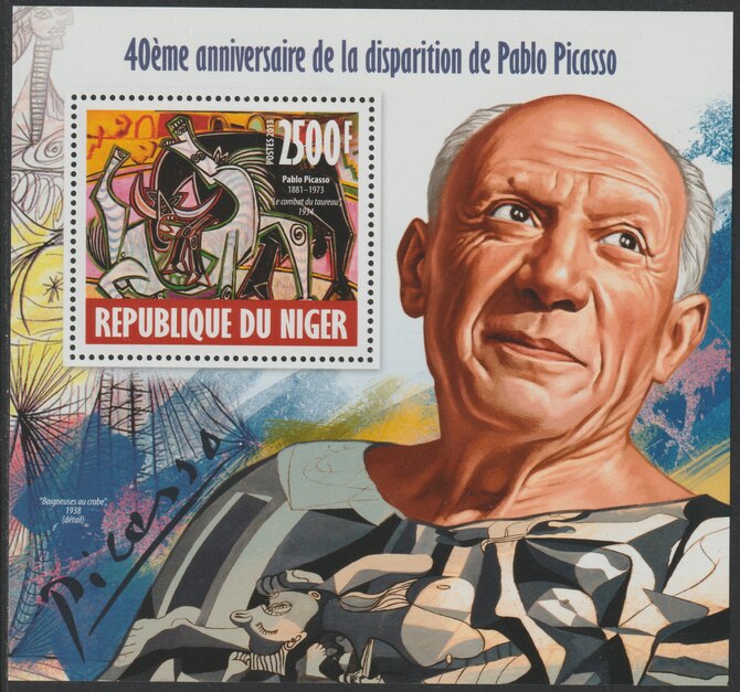 Niger Republic 2013 Pablo Picasso perf souvenir sheet containing one value unmounted mint, stamps on personalities, stamps on picasso, stamps on arts