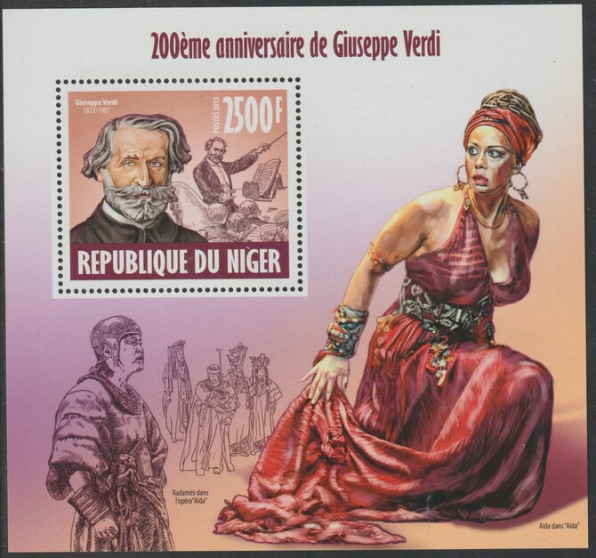 Niger Republic 2013 Giuseppe Verdi perf souvenir sheet containing one value unmounted mint, stamps on personalities, stamps on music, stamps on composers, stamps on verdi