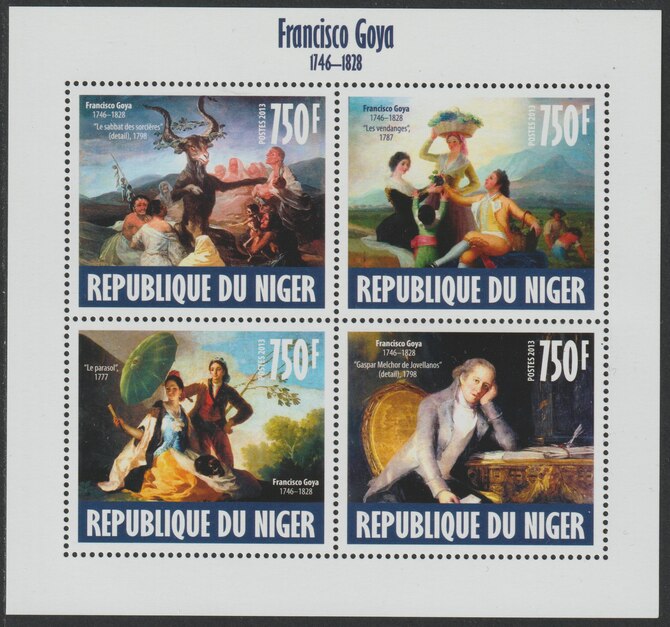 Niger Republic 2013 Francisco Goya perf sheet containing 4 values unmounted mint, stamps on personalities, stamps on arts, stamps on goya