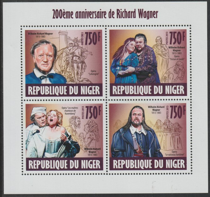 Niger Republic 2013 Richard Wagner perf sheet containing 4 values unmounted mint, stamps on personalities, stamps on music, stamps on composers, stamps on wagner