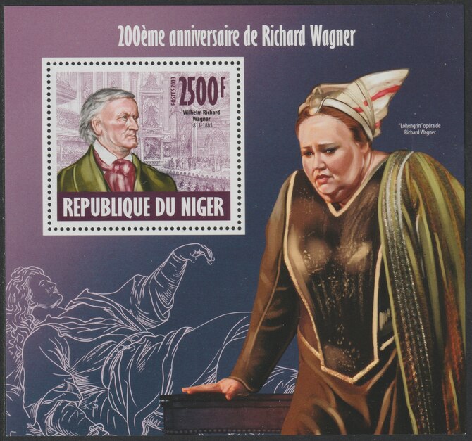Niger Republic 2013 Richard Wagner perf souvenir sheet containing one value unmounted mint, stamps on personalities, stamps on music, stamps on composers, stamps on wagner