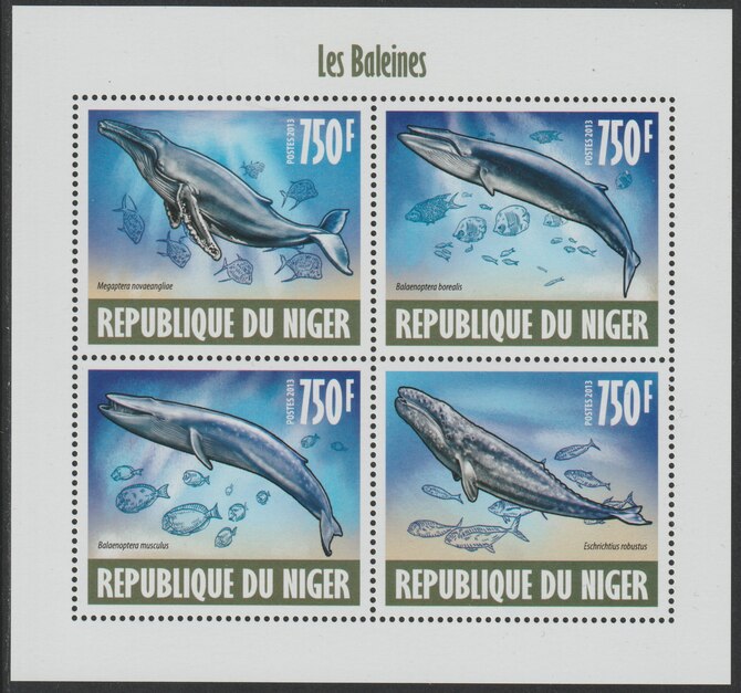 Niger Republic 2013 Whales perf sheet containing 4 values unmounted mint, stamps on marine life, stamps on whales