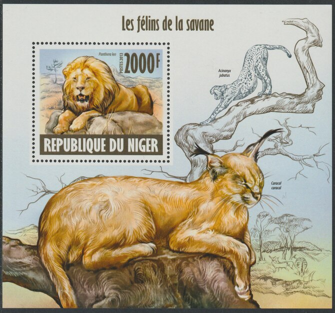Niger Republic 2013 Wild Cats perf souvenir sheet containing one value unmounted mint, stamps on animals, stamps on cats, stamps on lions