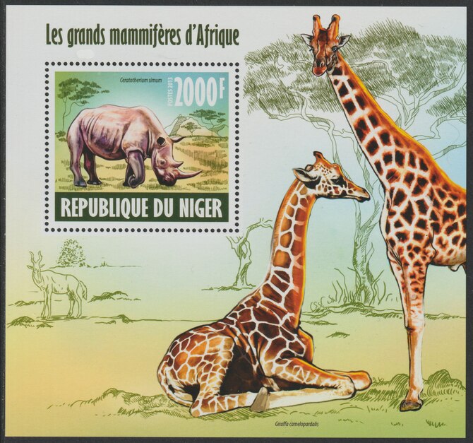Niger Republic 2013 Animals of Africa perf souvenir sheet containing one value unmounted mint, stamps on animals, stamps on giraffe, stamps on rhinos, stamps on , stamps on 
