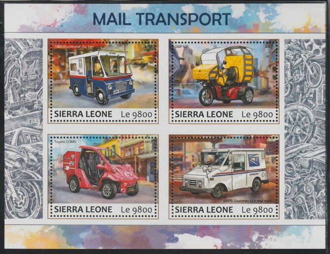 Sierra Leone 2017 Mail Transport perf sheetlet containing 4 values unmounted mint, stamps on transport, stamps on postal, stamps on cars