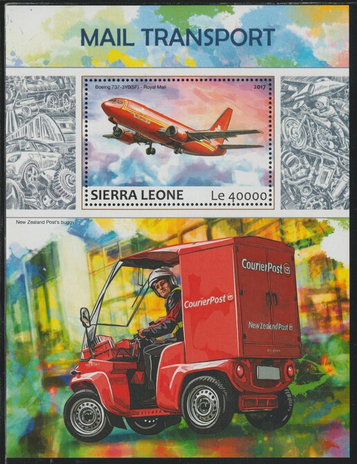 Sierra Leone 2017 Mail Transport perf deluxe sheet containing one value unmounted mint, stamps on , stamps on  stamps on transport, stamps on  stamps on postal, stamps on  stamps on cars, stamps on  stamps on aviation