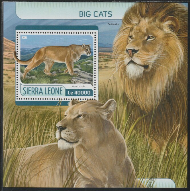 Sierra Leone 2017 Big Cats perf deluxe sheet containing one value unmounted mint, stamps on cats, stamps on lions, stamps on puma