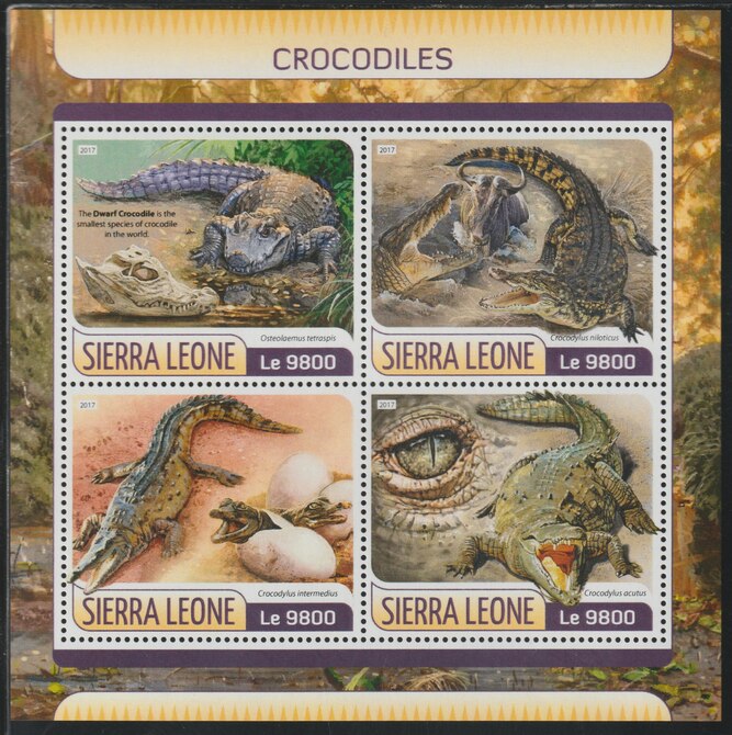 Sierra Leone 2017 Crocodiles #2 perf sheetlet containing 4 values unmounted mint, stamps on , stamps on  stamps on reptiles, stamps on  stamps on crocodiles