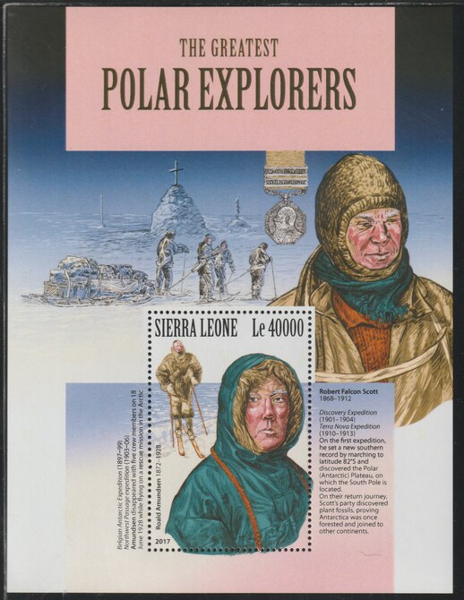 Sierra Leone 2017 Polar Explorers perf deluxe sheet containing one value unmounted mint, stamps on explorers, stamps on polar, stamps on penguins, stamps on ships