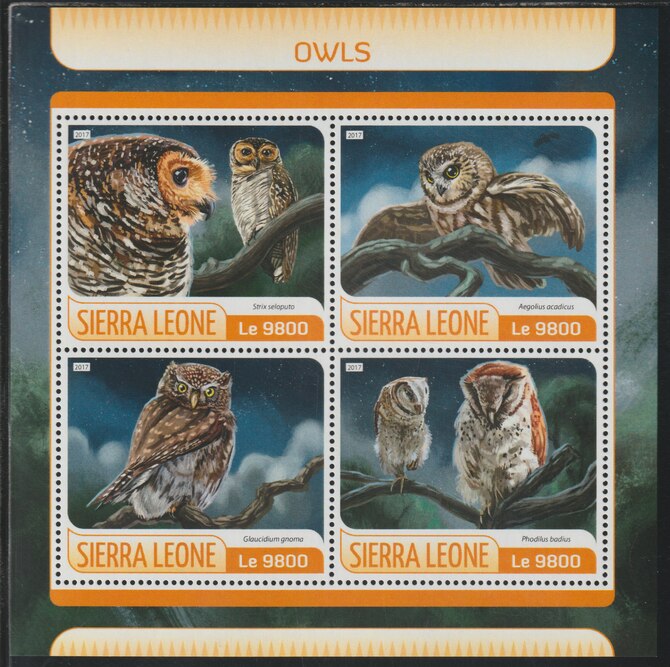 Sierra Leone 2017 Owls #2 perf sheetlet containing 4 values unmounted mint, stamps on birds, stamps on birds of prey, stamps on owls