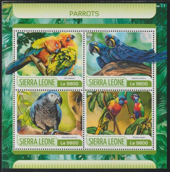 Sierra Leone 2017 Parrots perf sheetlet containing 4 values unmounted mint, stamps on birds, stamps on parrots