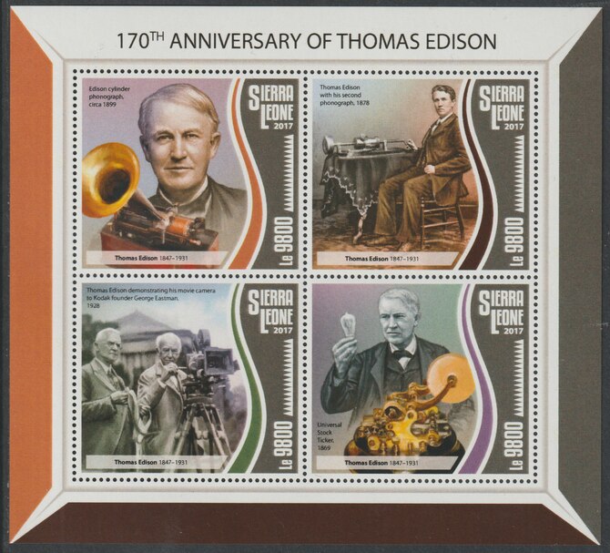 Sierra Leone 2017 Thomas Edison 170th Birth Anniv perf sheetlet containing 4 values unmounted mint, stamps on edison, stamps on science, stamps on inventor