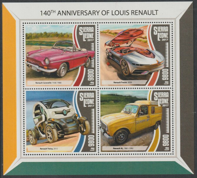 Sierra Leone 2017 Louis Renault 140th Birth Anniv perf sheetlet containing 4 values unmounted mint, stamps on cars, stamps on renault