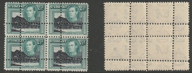 St Vincent 1938 KG6 2.5d (Beach Villa) block of four with perforations doubled (stamps are quartered), unmounted mint. Note: the stamps are genuine but the additional perfs are a slightly different gauge identifying it to be a forgery., stamps on forgery, stamps on kg6 , stamps on