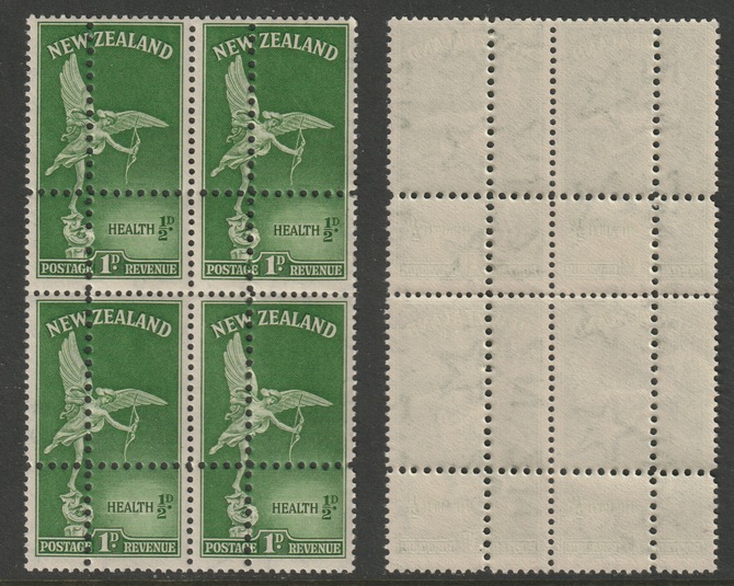 New Zealand 1947 KG6 Health 1d+1/2d (Statue of Eros) block of four with perforations doubled (stamps are quartered), unmounted mint. Note: the stamps are genuine but the additional perfs are a slightly different gauge identifying it to be a forgery., stamps on forgery, stamps on statues, stamps on eros