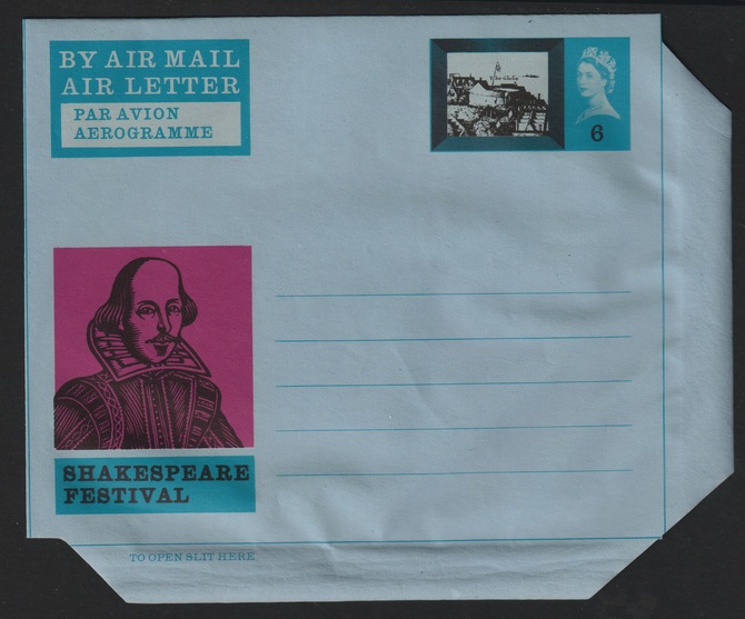 Aerogramme - Great Britain 1964 Shakespeare Festival 6d Air Letter (Globe Theatre) featuring Shakespear portrait with magenta background and Memorial Theatre, unused and fine (folded along fold lines), stamps on aviation, stamps on shakespeare, stamps on literature, stamps on theatres