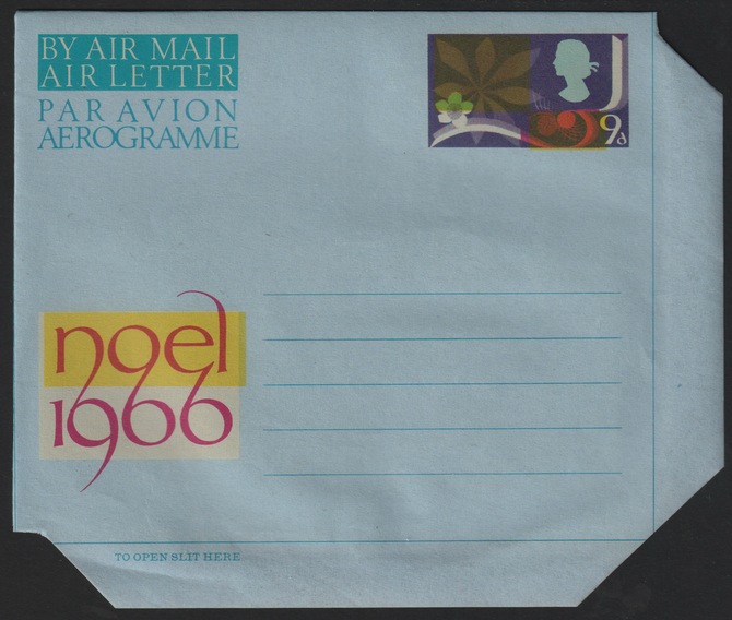 Aerogramme - Great Britain 1966 Christmas 9d Air Letter featuring Christmas Trees and Santa, unused and fine (folded along fold lines), stamps on aviation, stamps on christmas