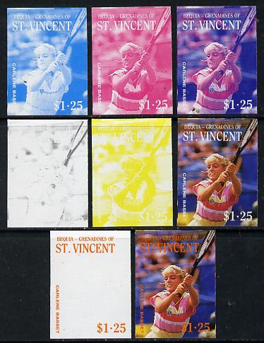St Vincent - Bequia 1988 International Tennis Players $1.25 (Carlene Basset) set of 8 imperf progressive proofs comprising the 5 individual colours plus 2, 4 and all 5 colour composites unmounted mint*, stamps on sport   personalities    tennis