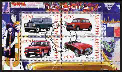 Malawi 2010 Cars #03 - Land Rover, Morris Mini & MG perf sheetlet containing 4 values fine cto used, stamps on cars, stamps on land rover, stamps on  mg , stamps on morris, stamps on mini