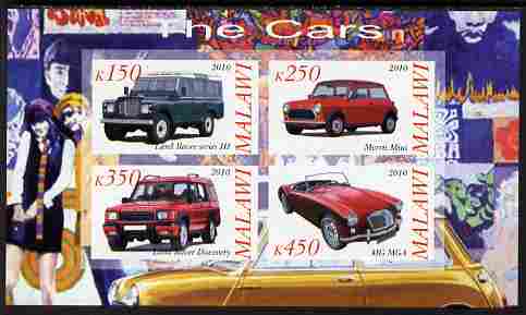 Malawi 2010 Cars #03 - Land Rover, Morris Mini & MG imperf sheetlet containing 4 values unmounted mint, stamps on cars, stamps on land rover, stamps on  mg , stamps on morris, stamps on mini