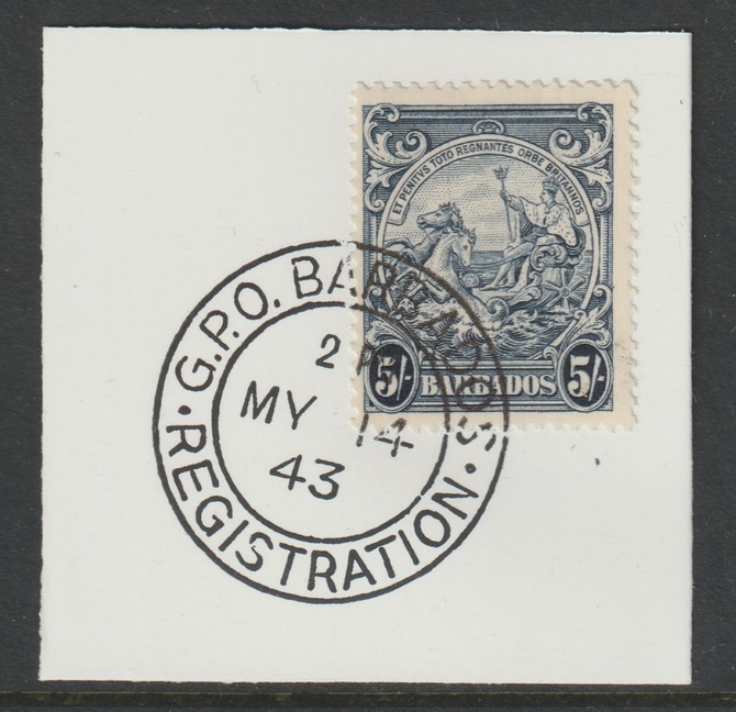 Barbados 1938 KG6 Britannia 5s indigo on piece with full strike of Madame Joseph forged postmark type 47, stamps on , stamps on kg6 , stamps on forgery, stamps on madame joseph
