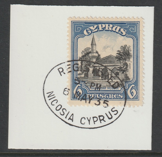 Cyprus 1934 KG5 St Sophia Cathedral 6pi Mosque SG140 on piece with full strike of Madame Joseph forged postmark type 132, stamps on , stamps on kg5 , stamps on mosque