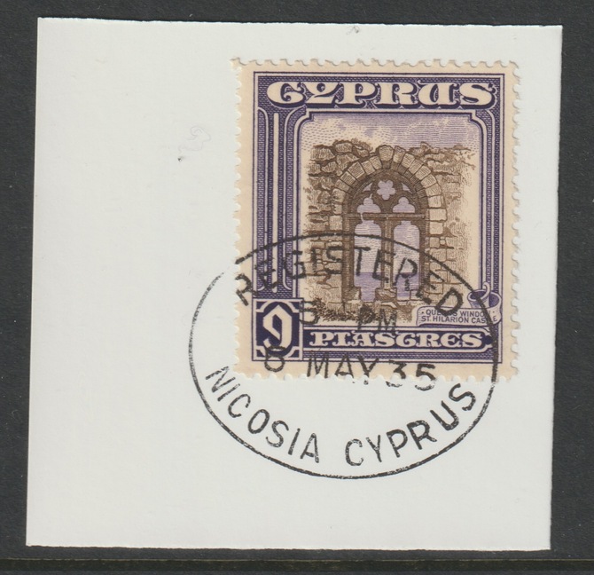 Cyprus 1934 KG5 St Sophia Cathedral 9pi Castle Wondow SG141 on piece with full strike of Madame Joseph forged postmark type 132, stamps on , stamps on kg5 , stamps on castles