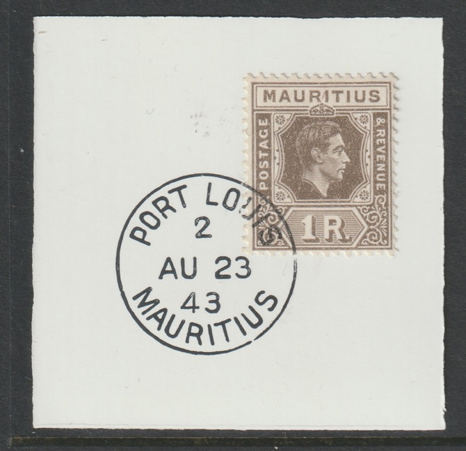 Mauritius 1938 KG6 1r grey-brown on piece cancelled with full strike of Madame Joseph forged postmark type 255, stamps on , stamps on kg6 , stamps on forgeries