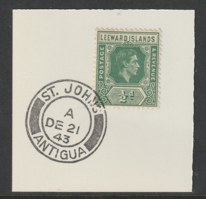 Leeward Islands 1938 KG6 Key Plate 1/2d emerald on piece cancelled with full strike of Madame Joseph forged postmark Antigua type 18, stamps on coronation, stamps on kg6 , stamps on forgeries