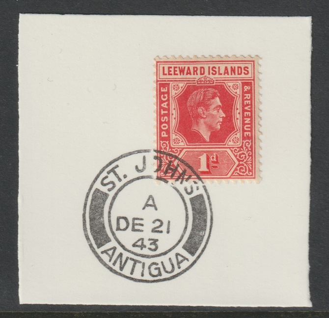 Leeward Islands 1938 KG6 Key Plate 1d scarlet Die A on piece cancelled with full strike of Madame Joseph forged postmark Antigua type 18, stamps on coronation, stamps on kg6 , stamps on forgeries