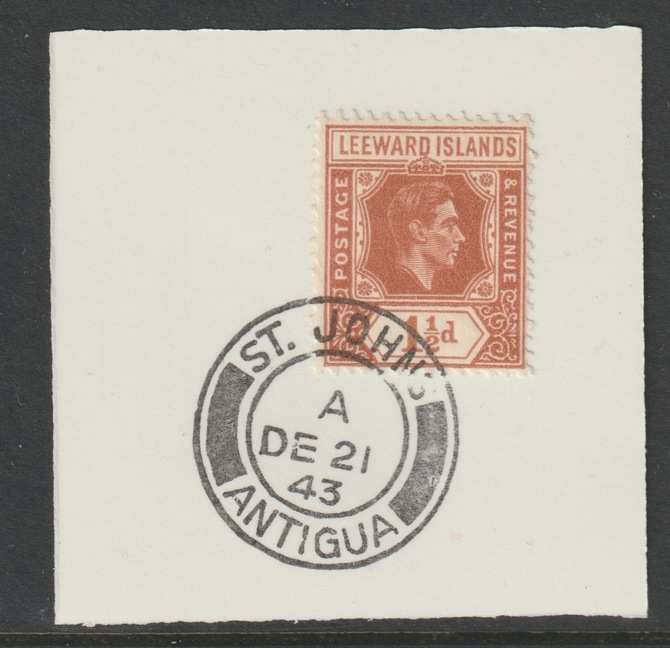 Leeward Islands 1938 KG6 Key Plate 1.5d chestnut on piece cancelled with full strike of Madame Joseph forged postmark Antigua type 18, stamps on coronation, stamps on kg6 , stamps on forgeries