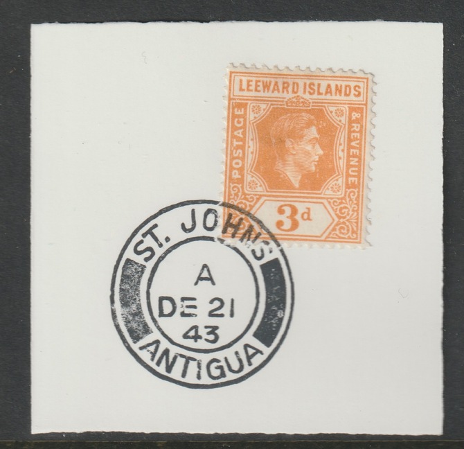 Leeward Islands 1938 KG6 Key Plate 3d orange on piece cancelled with full strike of Madame Joseph forged postmark Antigua type 18, stamps on coronation, stamps on kg6 , stamps on forgeries