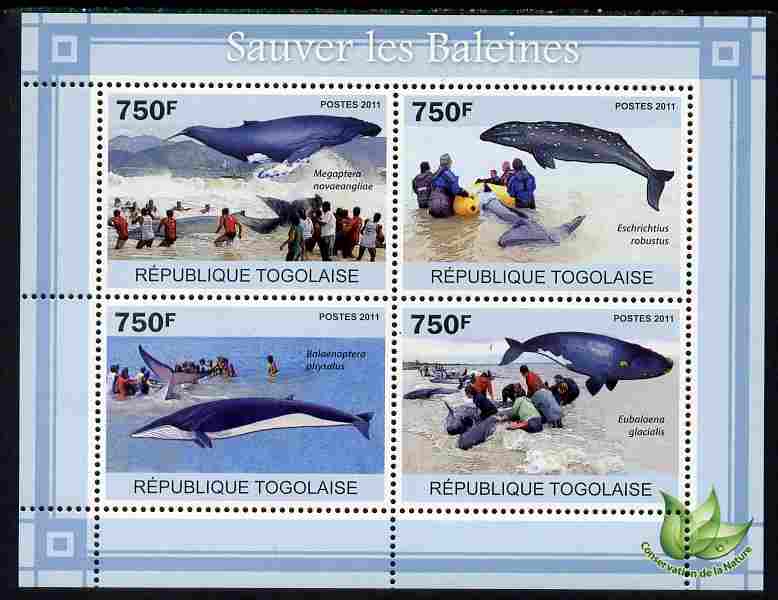 Togo 2011 Save the Whales perf sheetlet containing 4 values unmounted mint, stamps on marine life, stamps on whales
