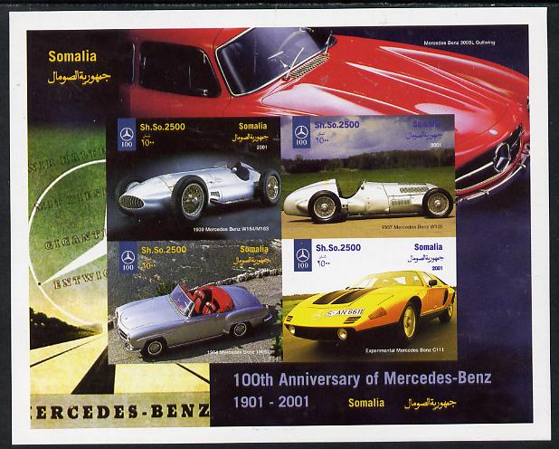 Somalia 2001 Centenary of Mercedes-Benz imperf sheetlet containing 4 values unmounted mint. Note this item is privately produced and is offered purely on its thematic appeal, it has no postal validity, stamps on cars, stamps on mercedes, stamps on racing cars, stamps on  f1 , stamps on formula 1, stamps on 