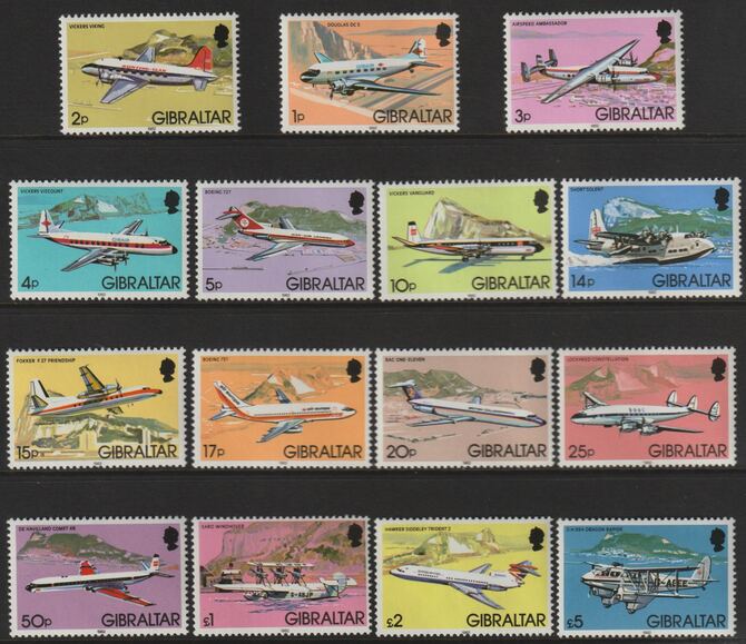 Gibraltar 1982 Aircraft complete set of 15 to £5 unmounted mint, SG 460-74, stamps on aviation